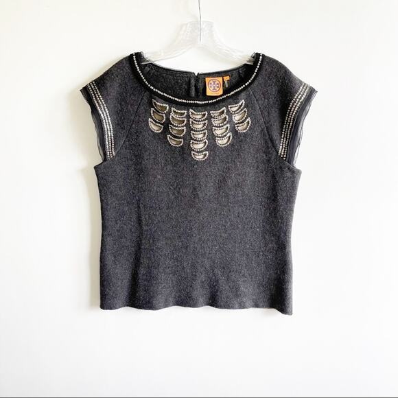 Tory Burch Charcoal Grey Wool Sequin Embellishments Silk Lined Top - Picture 1 of 7